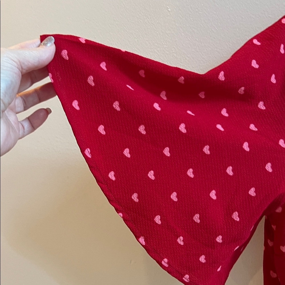 Mi Ami Red Heart Print Wrap Peplum Blouse with Flutter Sleeves Valentine’s Day - Picture 3 of 6